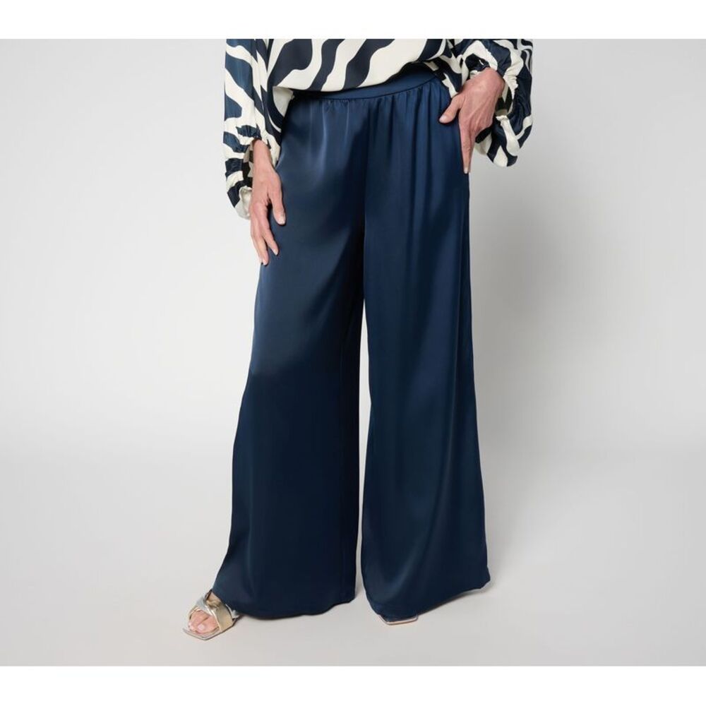 Carla Rockmore Collection Women's Pants Sz XL Wide Leg Pull-On Satin Blue
